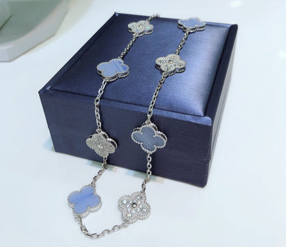 [LUXE] CLOVER 10 MOTIFS CHALCEDONY DIAMONDS SILVER NECKLACE