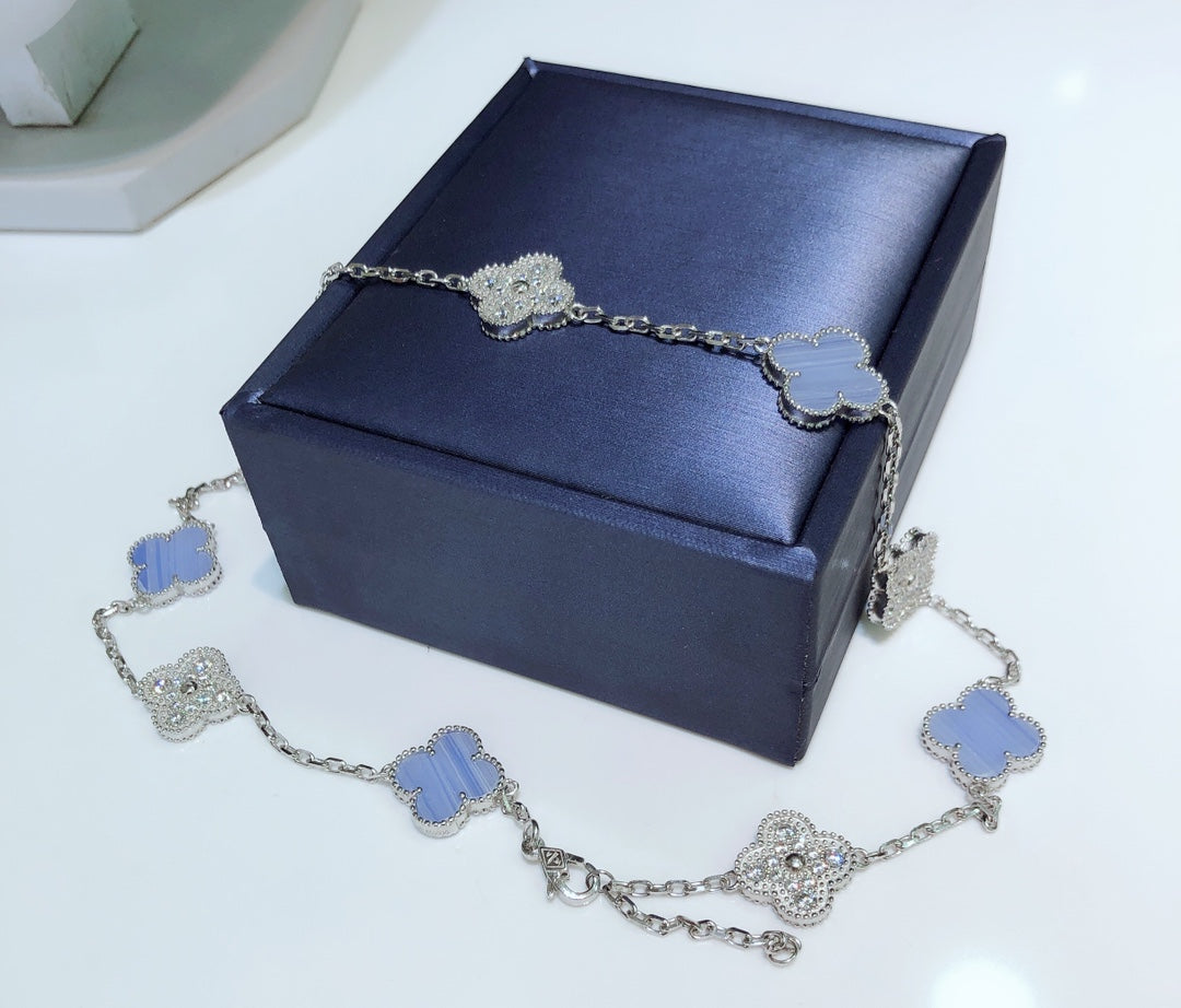 [LUXE] CLOVER 10 MOTIFS CHALCEDONY DIAMONDS SILVER NECKLACE