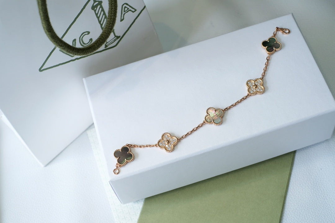 [LUXE] CLOVER 5 MOTIFS DARK MOP AND DIAMONDS PINK GOLD BRACELET