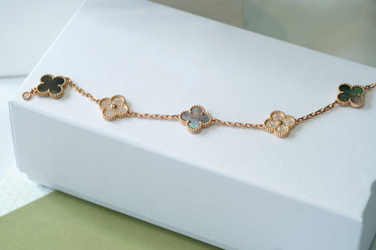 [LUXE] CLOVER 5 MOTIFS DARK MOP AND DIAMONDS PINK GOLD BRACELET