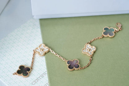 [LUXE] CLOVER 5 MOTIFS DARK MOP AND DIAMONDS PINK GOLD BRACELET